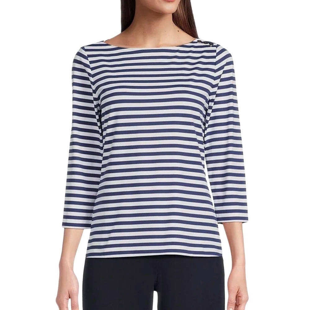 J. McLaughlin WAVESONG SZ M Catalina Cloth Stripe Button Shoulder Boatneck TOP